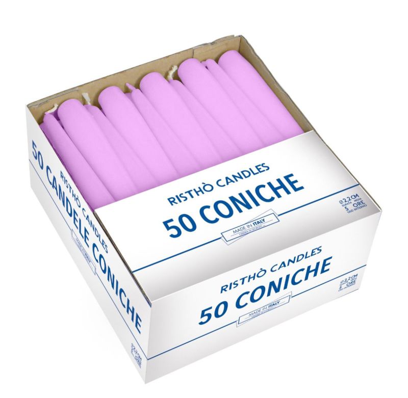 Candele coniche Ø 2,2 cm h. 21 cm 50 pezzi - Viola Polvere