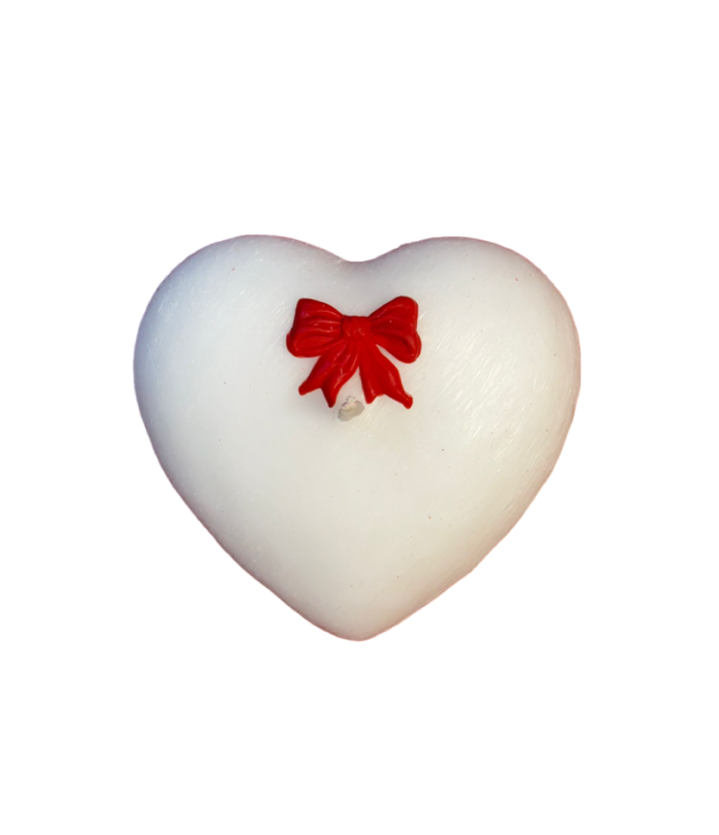 Candela a forma di Cuore Graffiato - Bianco- con fiocco Rosso  - 10x5 cm 